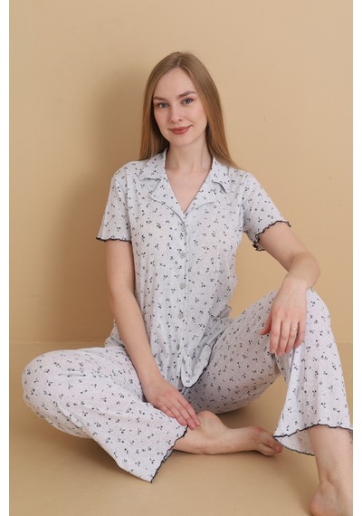 Wordex Mirano 1714 Çiçekli Pointel İnce Kumaş Düğmeli Kısa Kollu Kadın Pijama Takımı Gri