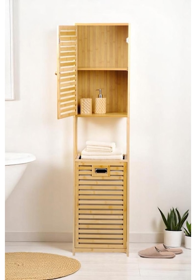 Digithome Bambu Kirli Sepetli 1 Raflı Kapaklı Banyo Dolabı Banyo Düzenleyici Çamaşır Sepeti Organizer Db-0010 Kahverengi