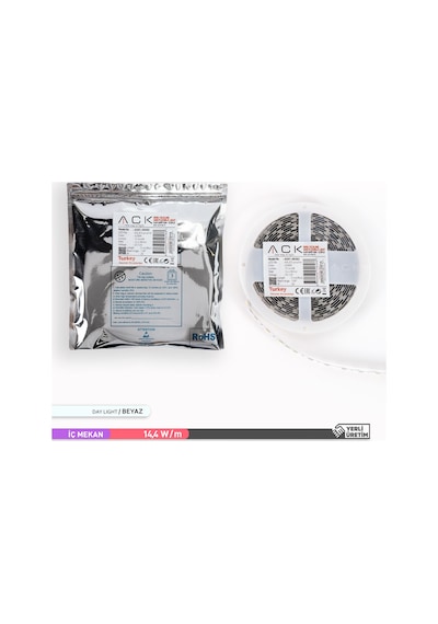 ACK Üç Çip 60 LED li Şerit LED 6500K Beyaz Işık 12V 14.4W 5m