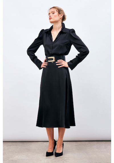 Sateen Midi Boy Saten Etek - Siyah