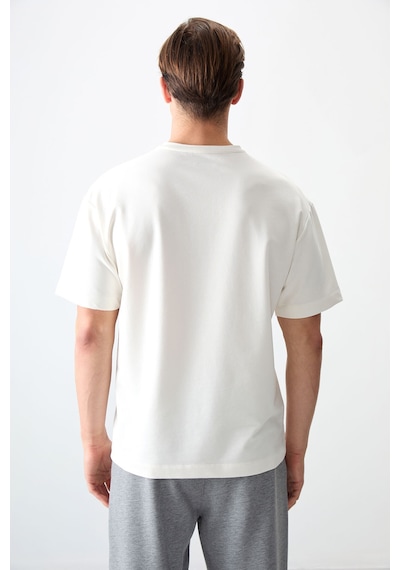 Air Jones Tommy Life Ekru Pamuklu Kalın Yumuşak Dokulu Oversize Fit Basic Erkek T-shirt - 88377 Ekru