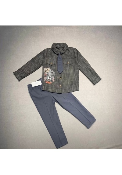 3-4-5 Yaş Kravatlı Keten Gömlek Gabardin Pantolon Uzun Kollu 3lü Erkek Çocuk Takımı Füme Füme