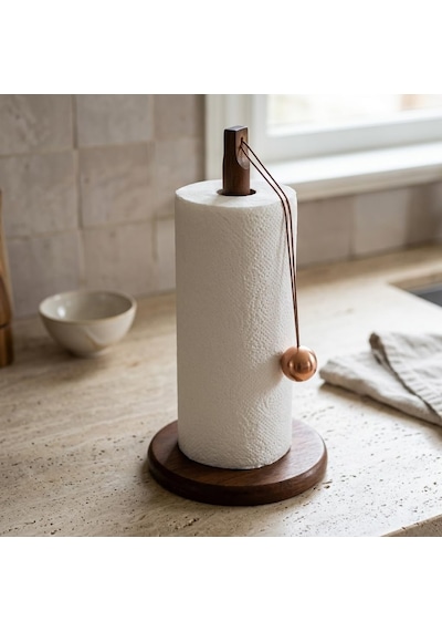 Doğal Bambu Bohem Top Tutacaklı Kağıt Havluluk - Dekoratif Ahşap Stand 30x14 Cm, Kahve Ve Bamb