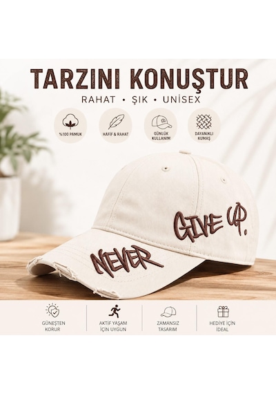 Valkyrie Unisex Krem Never Give Up Nakışlı Baseball Şapka Ayarlanabilir Vintage Streetwear Spor Kep