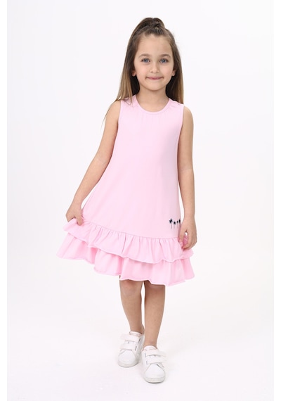 Toontoy Kız Çocuk Palmiye Baskılı Fırfırlı Elbise Açık Pembe
