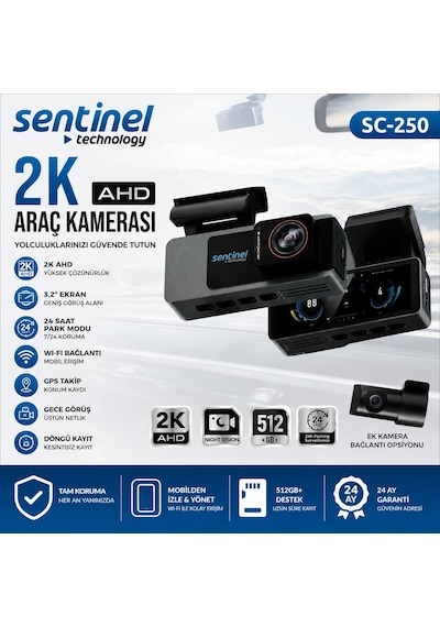 Sentinel Sc-250 2k Ahd Araç Kamerası Wi-fi , Gps , 3.2 Ekran , Döngüsel Kayıt