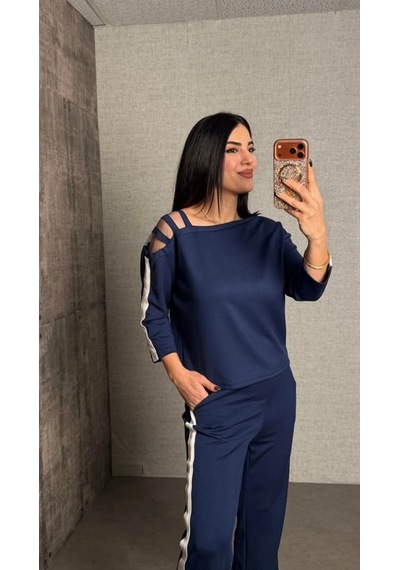 Defymoda Kadın Uzun Kollu Kolu Tül Yanları Şerit Detay Modal Ikili Takım Mavi