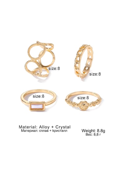 Flare Gold Altın Renkli Kristal Taşlı Şık Modern Bohem 4 Parça 4'lü Yüzük Seti