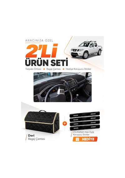 E-biz Nissan Navara 2005-2015 Uyumlu Torpido Örtüsü + Deri Bagaj Çantası Seti - Siyah-bej - Nı009