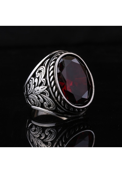 Fkgümüş 925 Ayar Gümüş Ruby Taşlı Yaprak Desenli Erkek Yüzük