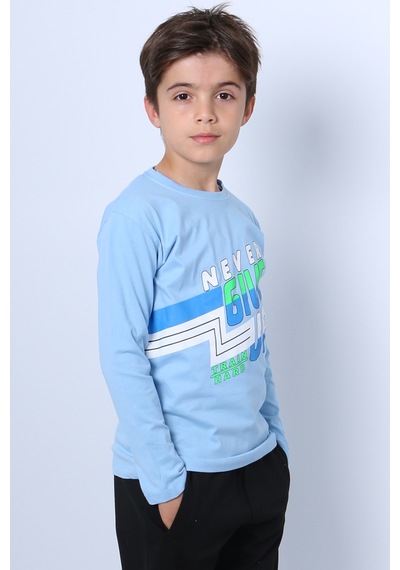 Hçm Erkek Çocuk Uzun Kollu Tshirt Never Give Up Baskılı Bisiklet Yaka D10 Açık Mavi