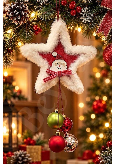 Yılbaşı Ağacı Süsü Noel Baba Figürlü Peluş Kırmızı Yıldız Diğer