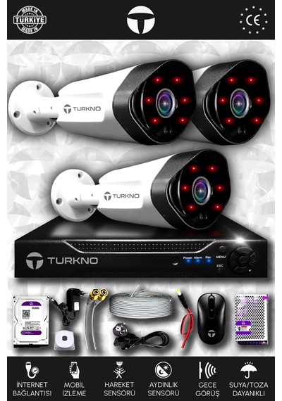 Turkno 3 Kameralı Galia 3 Dış Kamera Set 2 TB HDD Full HD Gece Görüşlü Güvenlik Kamerası Sistemi