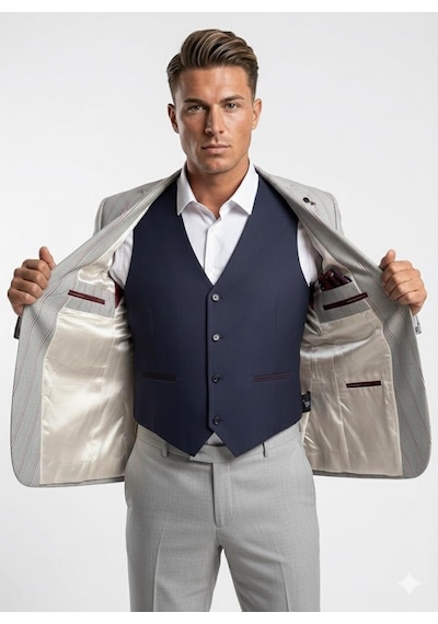 Erkek Çizgili Takım Elbise 3 Lü Set Ceket + Yelek + Pantolon Slim Fit İtalyan Tarz Gri
