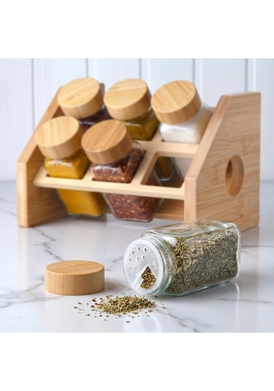 Bambu Kapaklı 7 Parça Cam Baharat Takımı, Bambu Standlı 6'lı Cam Baharatlık Seti, Serpme Aparatlı Kapaklı Baharatlık, Tezgah Üstü Mutfak Düzenleyici Baharat Organizeri Çok Renkli