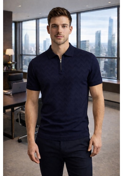 Erkek Slim Fit Fermuarlı Polo Yaka Triko Tişört Lacivert