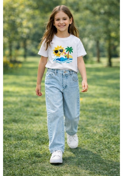 Cedy Denim Cedy Denım Yüksek Kalite Kız Çocuk Yüksek Bel %100 Cotton Palazzo Jean Pantolon Buz Mavisi
