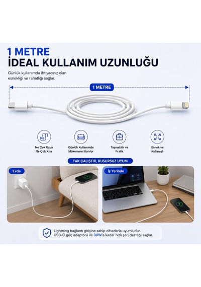 Type-c To Lightning Şarj Kablosu 1 Metre, 30w Hızlı Şarj Ve Veri Aktarımı, Güçlendirilmiş Konektör Ucu, Lightn Diğer