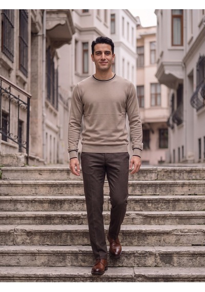 Maccali Erkek Bej Kontrast Şeritli Bisiklet Yaka Triko Sweatshirt