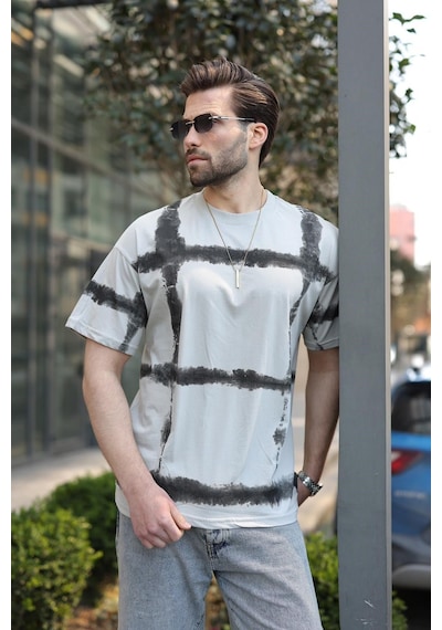 Madmext Boyalı Gri Bisiklet Yaka Baskılı Basic Erkek T-shirt E7109