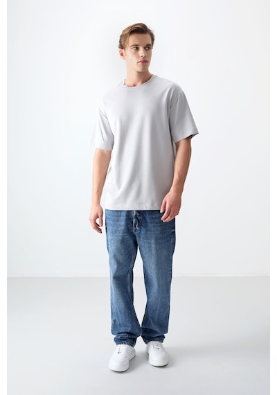 Air Jones Tommy Life Taş Pamuklu Kalın Yumuşak Dokulu Oversize Fit Basic Erkek T-shirt - 88377 Taş