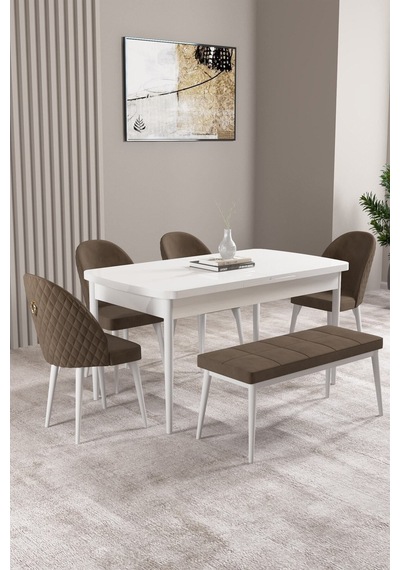 Milas Beyaz 80x132 Mdf Açılabilir Yemek Masası Takımı 4 Sandalye, 1 Bench Kahverengi Milas Beyaz 80x132 Mdf Açılabilir Yemek Masası Takımı 4 Sandalye, 1 Bench Kahverengi