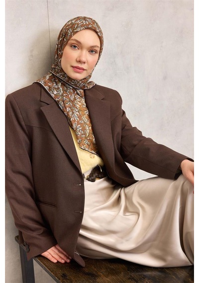 Silk Home Pamuk Polyester Soft Eşarp Hardal Ton Çiçek Desenli Kaymaz Dokulu 90x90 Çok Renkli