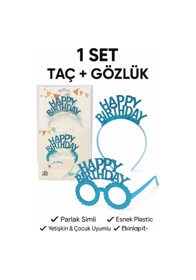 Mavi Happy Birthday Simli Doğum Günü Taç Ve Gözlük Seti Parti Aksesuarı, Fotoğraf Konsepti