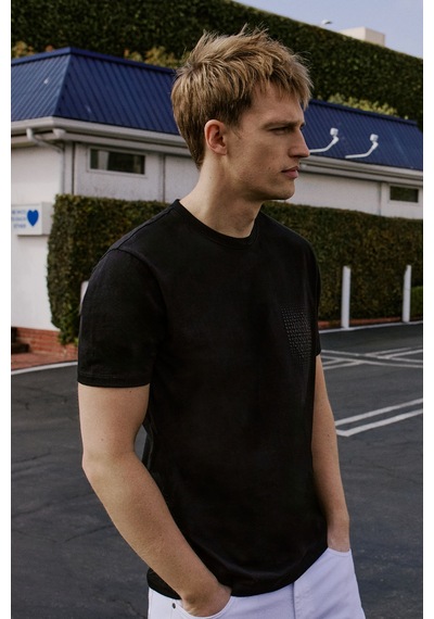 Erkek Sıyah Pamuklu Slim Fit Dar Kesim Baskılı Esnek Tişört SIYAH