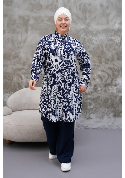 Polologin Butik Lacivert Desenli Hakim Yaka Beyaz Tunik Beyaz & Lacivert