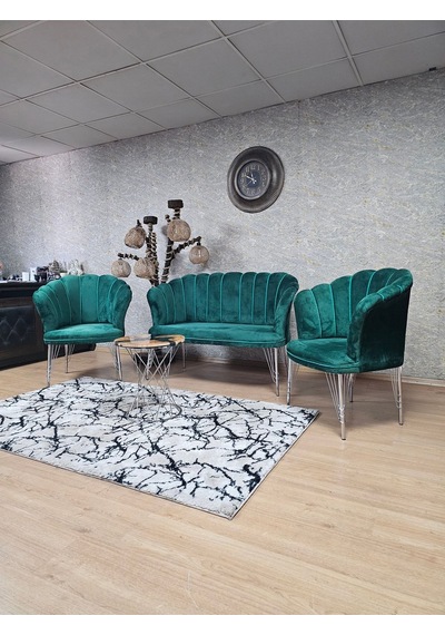 Zafir Krom Kaplama Tel Ayak Papatya Çay Seti Koltuk Takımı , Balkon, Salon, Ofis, Cafe Koltuk Takımı Yeşil