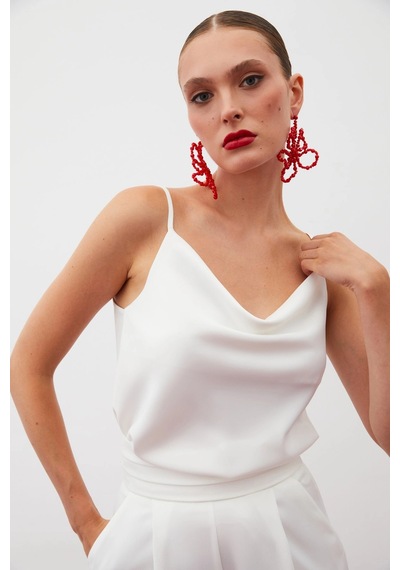 Sateen Askılı Degaje Yaka Bluz Beyaz