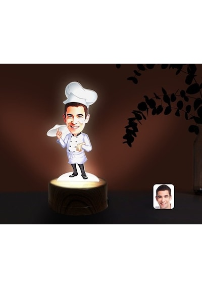 Kişiye Özel Erkek Pizza Şefi Karikatürlü Dekoratif 3D Biblo Led I
