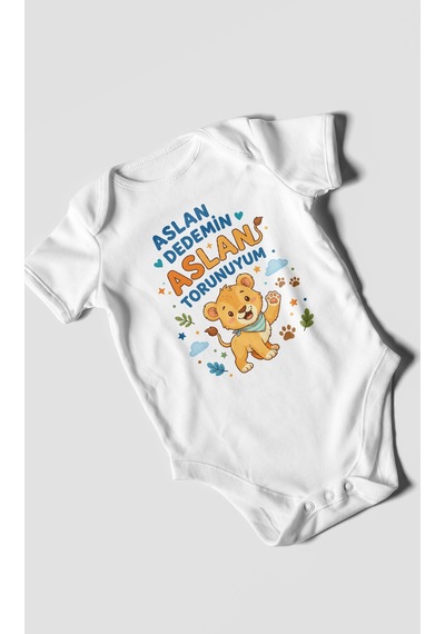 Morivokids Aslan Dedemin Aslan Torunuyum Kısa Kollu Bebek Body %100 Pamuk Beyaz