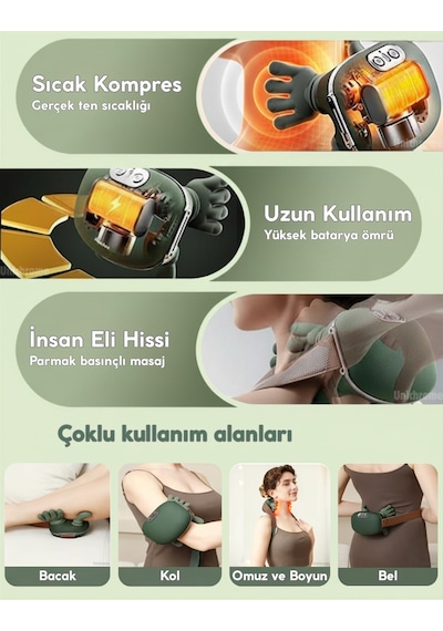 Gerçek El Hissi İle Yoğurma Yapan Isıtmalı Şarjlı Masaj Aleti Boyun Sırt Bel Bacak Kol Masajı Koyu Yeşil
