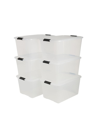 Ohyama Kapaklı Plastik Saklama Kutuları, 45l, 6'lı Set, Şeffaf Açık Ahşap