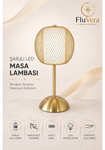 Gold Telli Şarjlı Masa Lambası Kablosuz Led Gece Lambası Usb-c Şarjlı Dekoratif Taşınabilir Lamba Altın