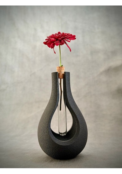 Şık Tasarımlı Cam Tüplü Dekoratif Vazo Minimal Siyah Masa Üstü Çiçeklik 9x9x16 Cm