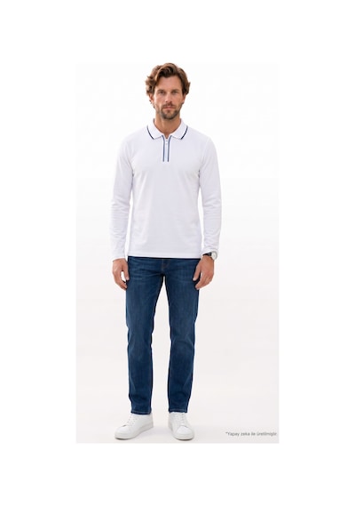 Tudors Erkek Slim Fit Dar Kesim %100 Pamuk Uzun Kollu Fermuarlı Beyaz Polo Yaka Tişört-52785