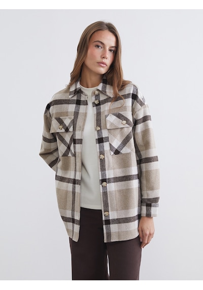 Lcw Comfort Kahverengi Ekose Oversize Kadın Gömlek