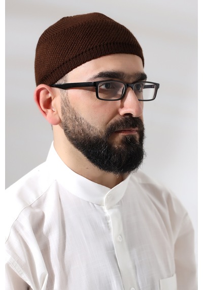 Kahve Süper Namaz Dantel Detaylı Örme Orlon Namaz Takkesi