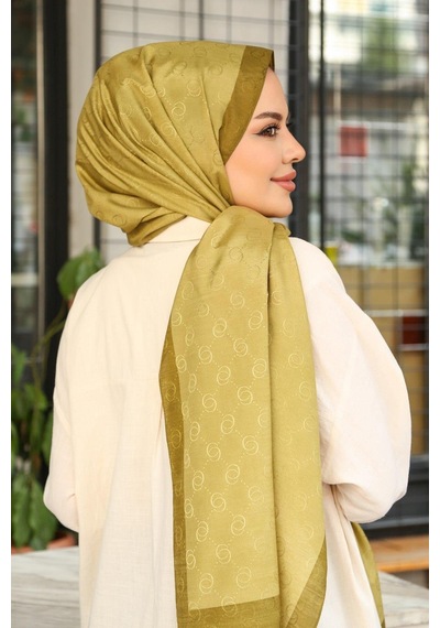 Premium Lux Original Monogram Şal İpek Vual, Yüksek Kalite, Hafif, Rahat, Şık, Tesettür, Shawl Yağ Yeşili