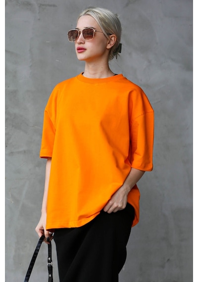 Madmext Turuncu Bisiklet Yaka Basic Oversize T-shirt Mg1687-turuncu Turuncu