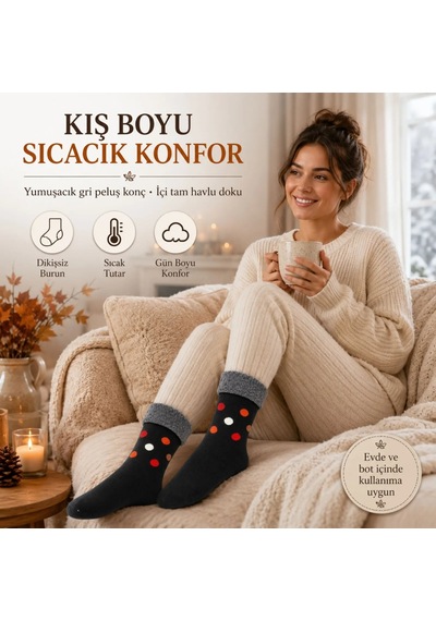Genel 6 Lı Kadın Kışlık Havlu Çorap Sıcak Tutan Karışık Desenli Yumuşak Çoklu Çor Siyah / 36-40 / 6 Adet