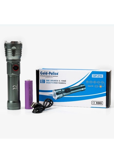 Gold Gp-216 Tg Led Şarjlı El Feneri 2000 Lümen Güç, Mıknatıslı Taban Ve Zoom Özelliğiyle Kamp Ve Tamir İşle Çok Renkli
