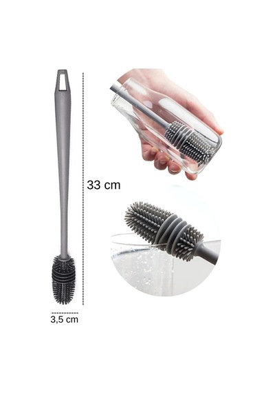 Siolanzi Uzun Saplı Silikon Şişe Bardak Temizleme Fırçası Gri