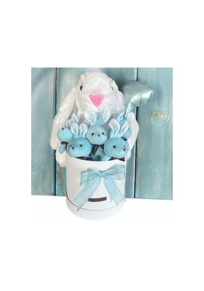 Özel Kututusunda 45 Cm Beyaz Jellycat Tavşan, 5'li Tavşancıklar Ve Folyo Kalp Balonlu Set-ayıcık Buketi