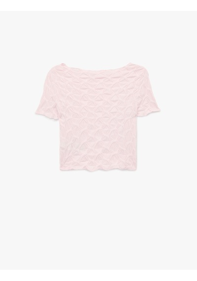 Koton Bürümcük Kumaş Slim Fit Kısa Kollu Kayık Yaka Crop Tişört Pembe 6sal10639ık Gül