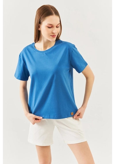 Kadın Rahat %100 Pamuklu Penye Bisiklet Yaka Kısa Kol Basic T-shirt Mavi