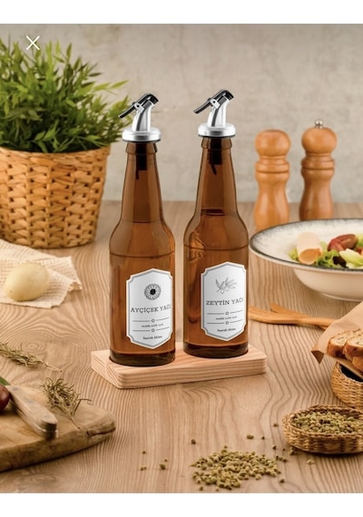 Hasırevim Ahşap Standlı Yağlık - 2 Li Pratik Kapaklı Yağlık 350 Ml.